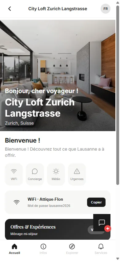 Welcome Book Lyvo sur mobile - écran d’accueil avec photo de la propriété, salutation et dates de séjour