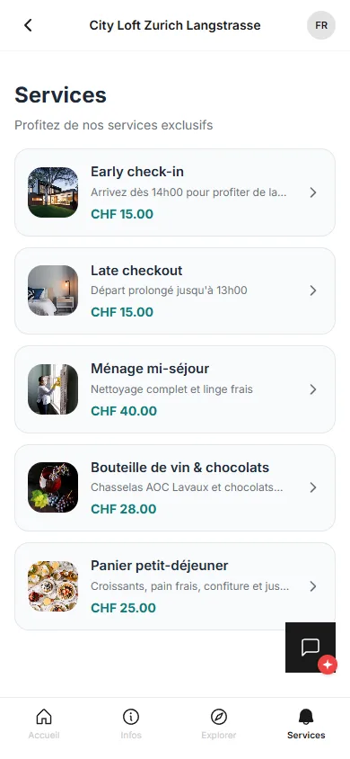 Welcome Book Lyvo sur mobile - onglet Services avec offres et expériences réservables par le voyageur
