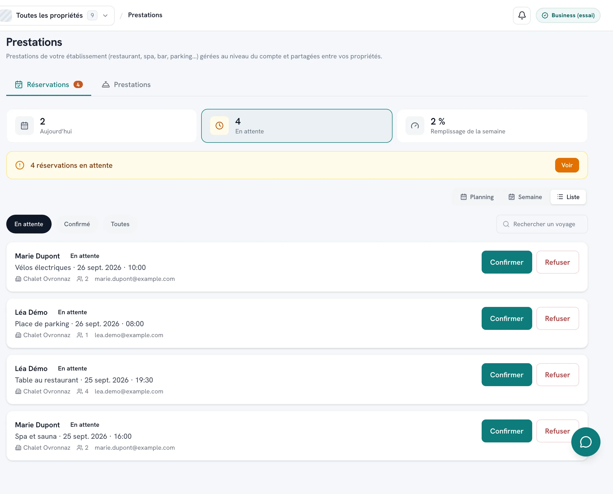 Tableau de bord Lyvo : demandes de réservation d’espaces du jour, à confirmer, replanifier ou refuser