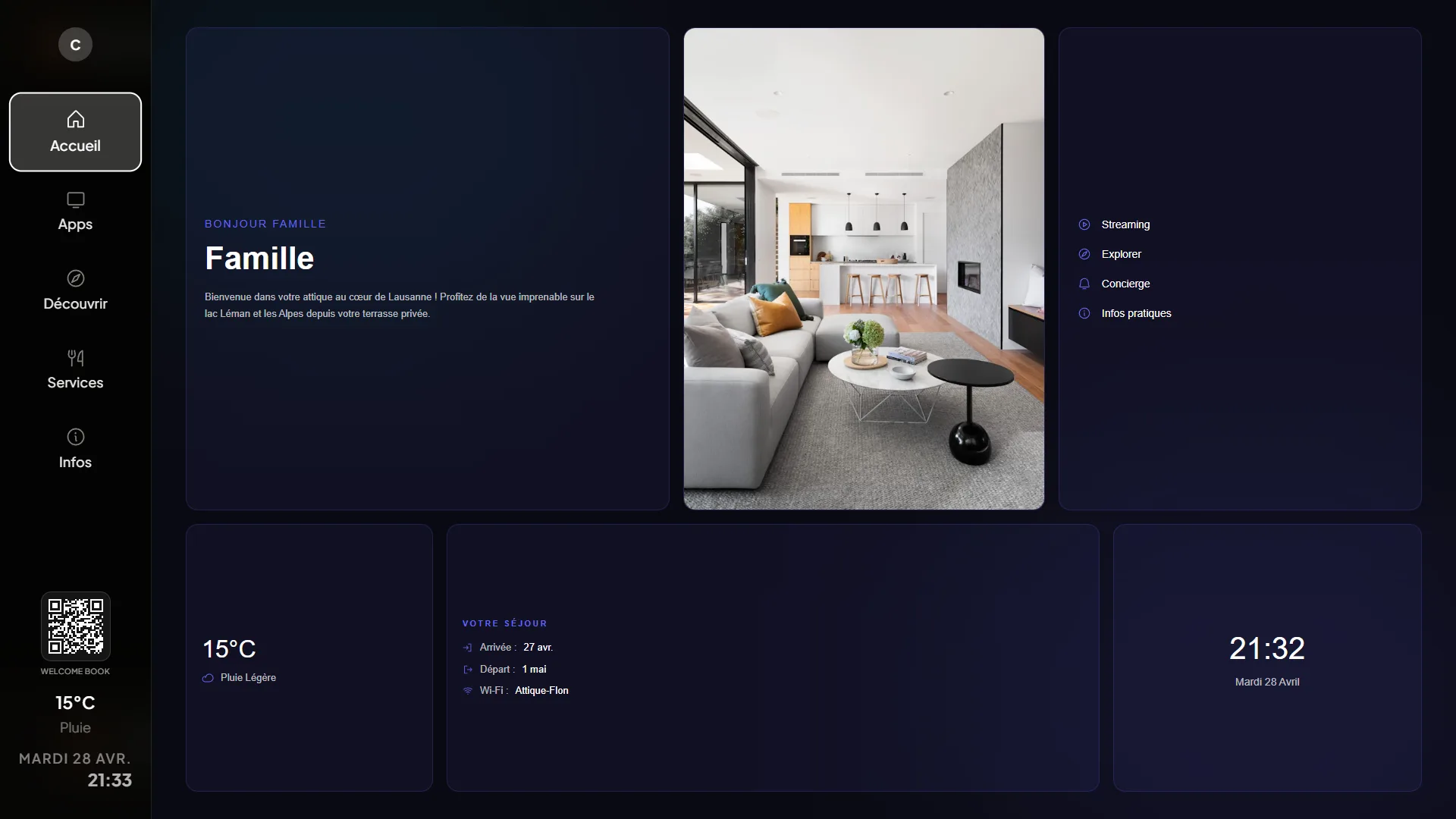 Écran TV Lyvo - template Bento Grid avec carte de bienvenue, météo, infos check-in et services